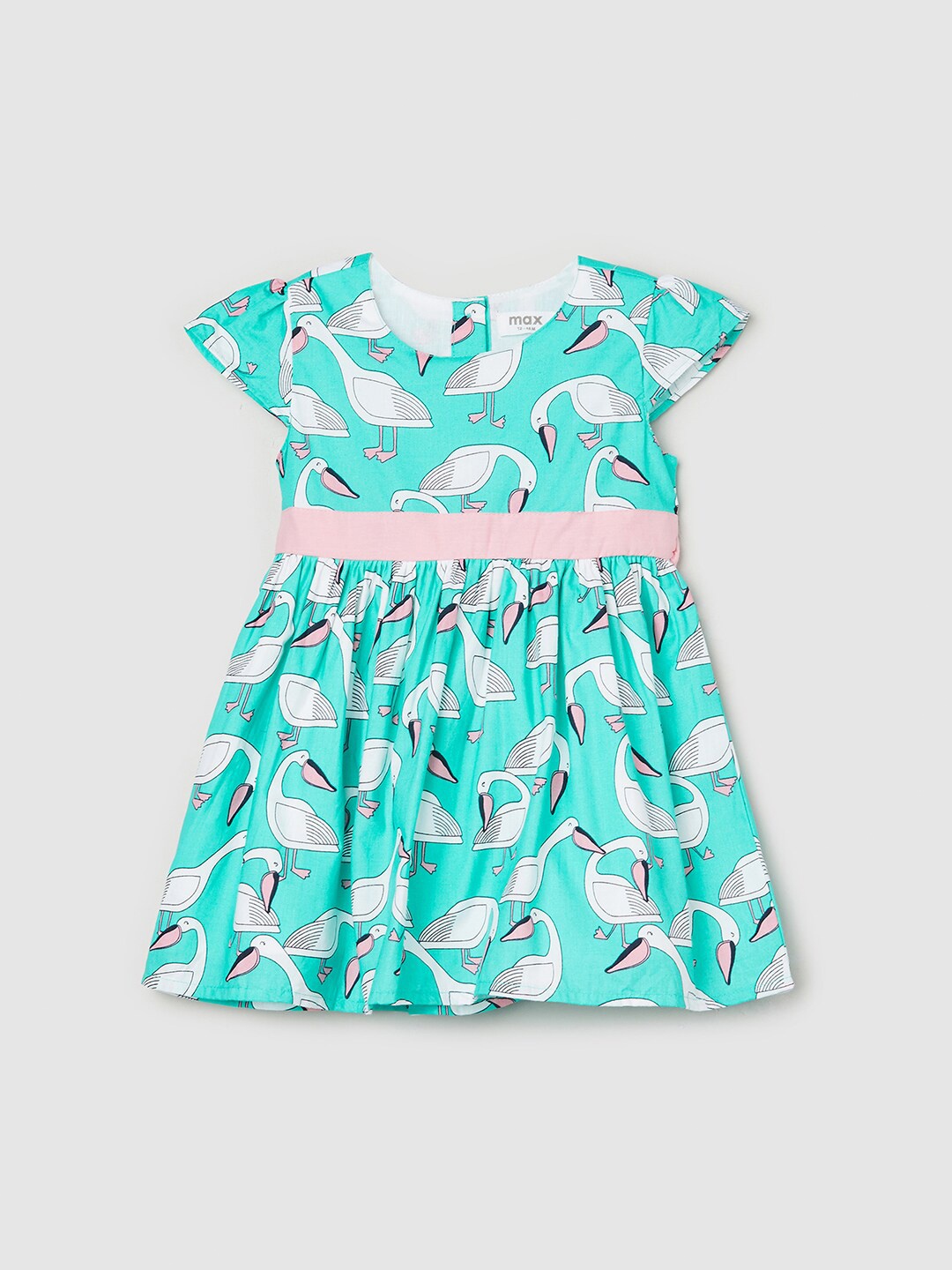 

max Infants Girls Conversational Printed Cap Sleeves Pure Cotton A-Line Dress, Green