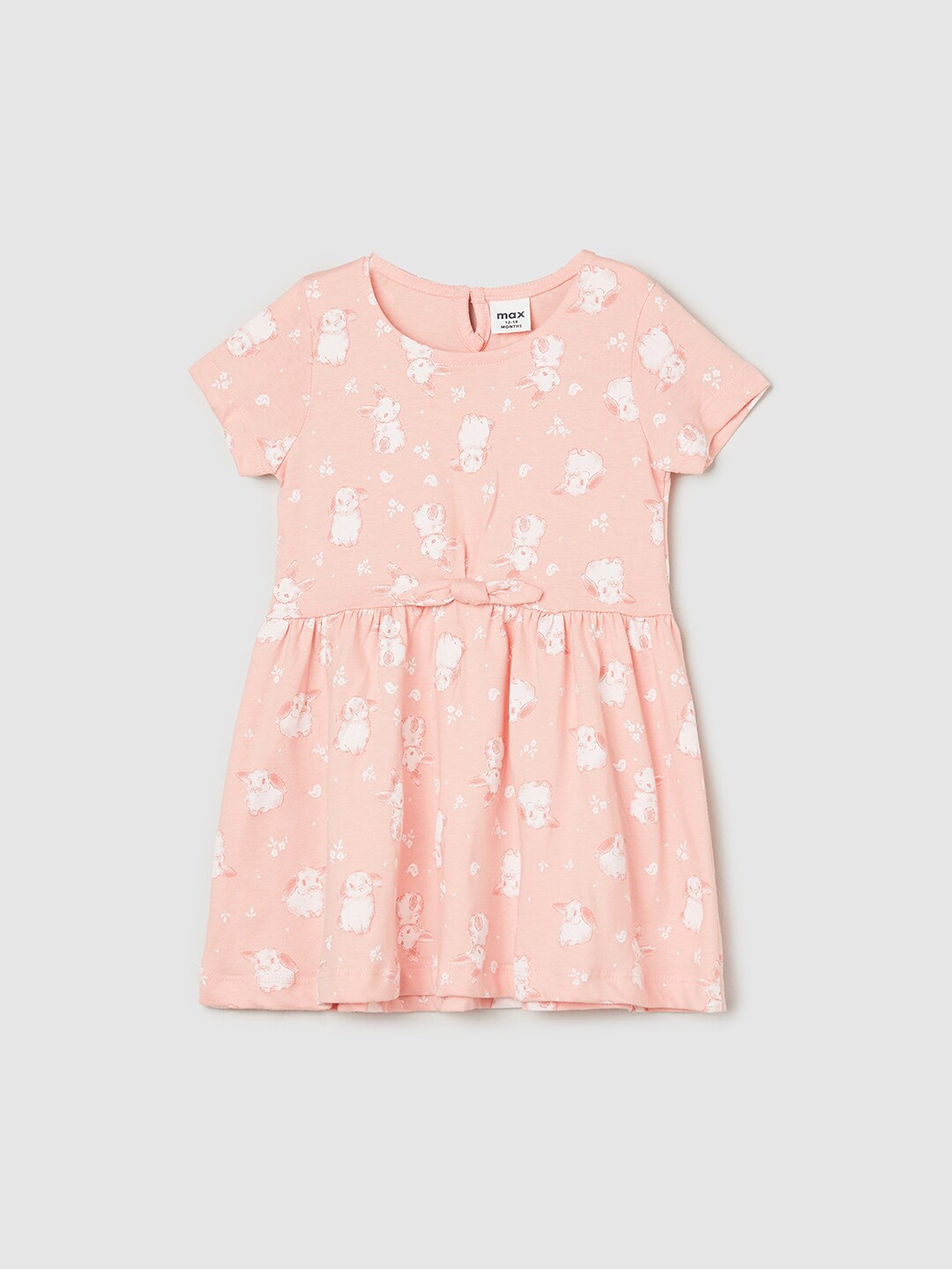 

max Infants Girls Conversational Printed Round Neck Pure Cotton A-Line Dress, Peach