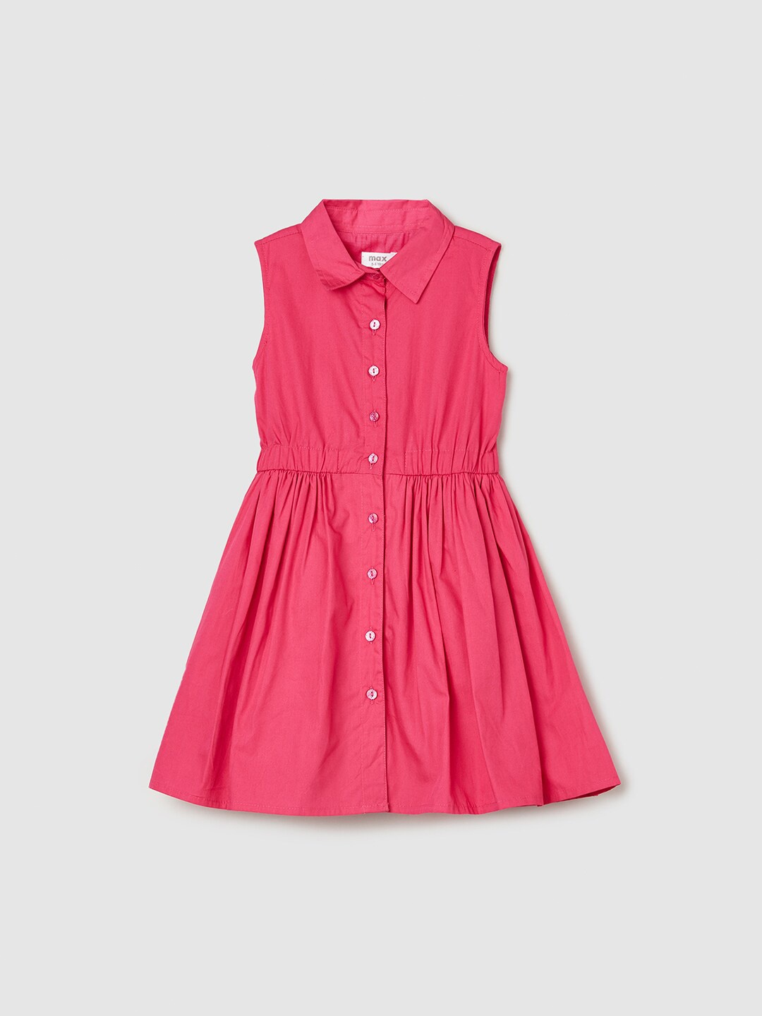 

max Girls Shirt Collar Gathered Detailed Pure Cotton Shirt Styled Dress, Pink