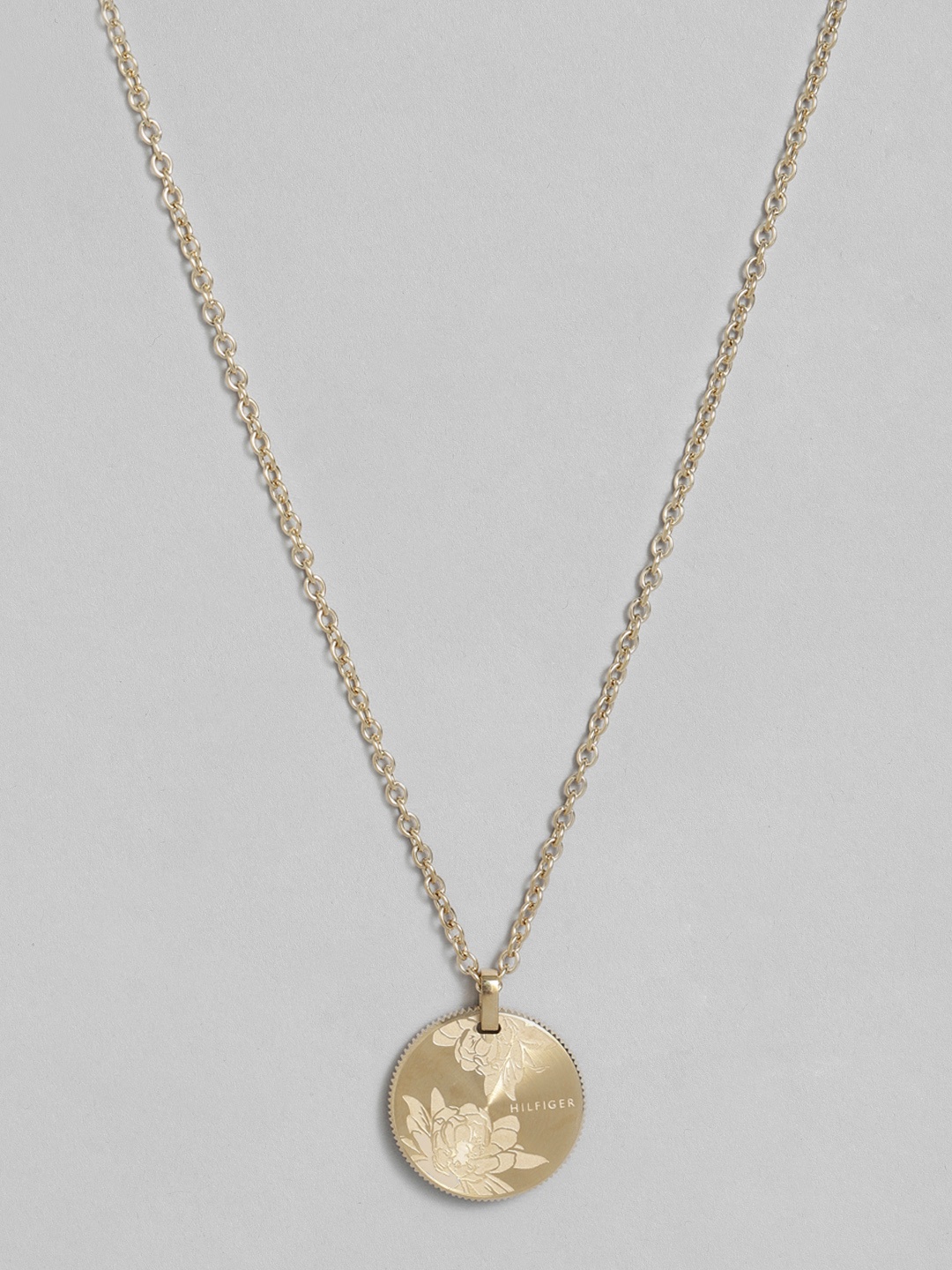 

Tommy Hilfiger Women Gold-Plated Stainless Steel Floral Engraved Pendant With Chain