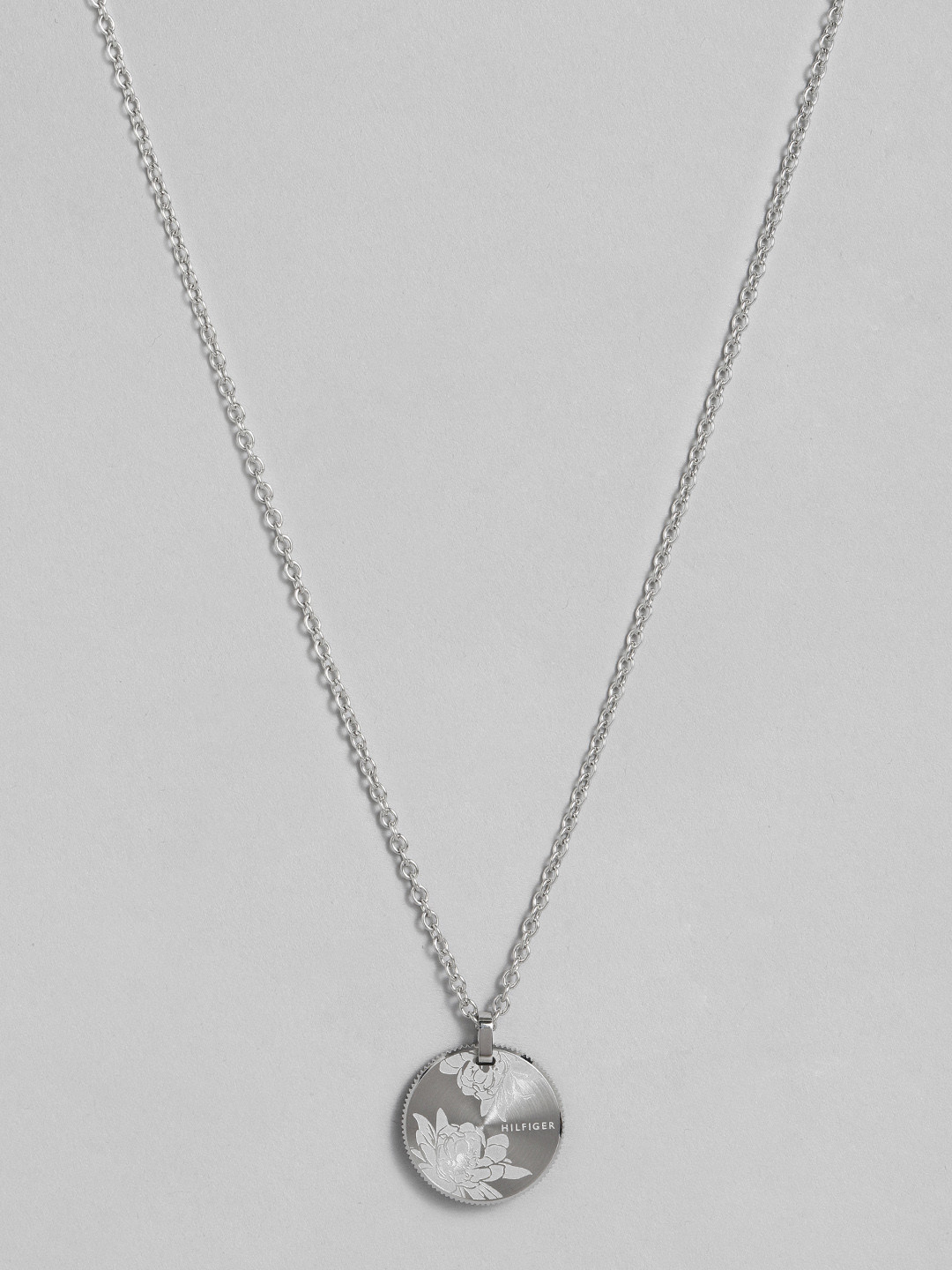 

Tommy Hilfiger Circular Design with Floral Engraved Stainless Steel Pendant & Chain, Silver