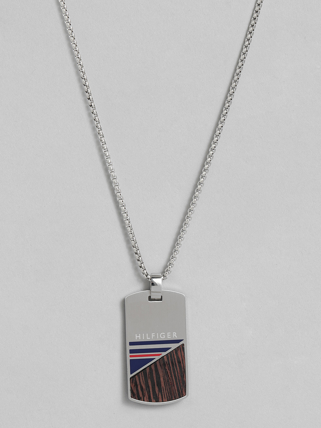 

Tommy Hilfiger Men Silver-Plated Stainless Steel Geometric Wood Dog Tag Pendant with Chain