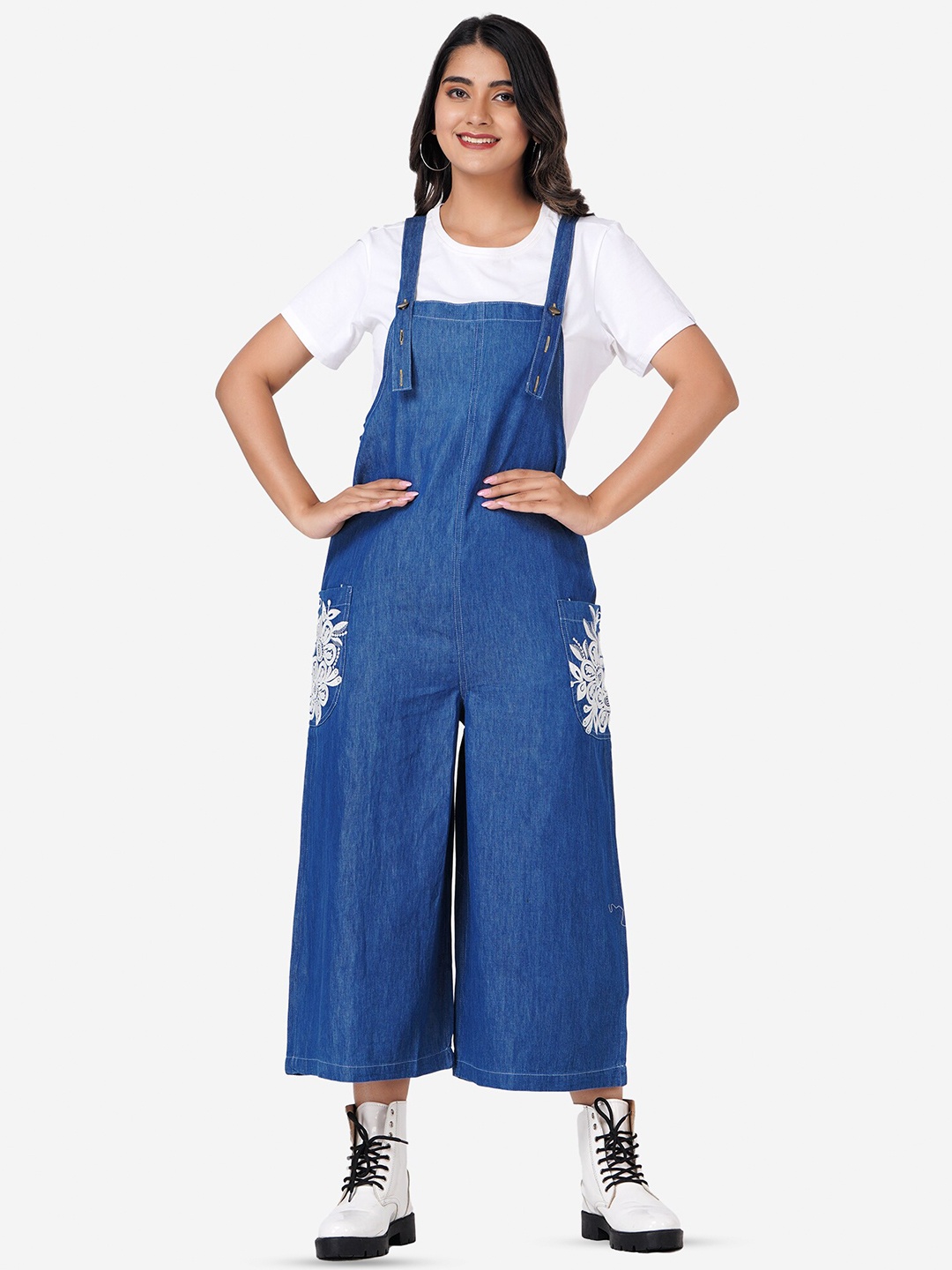 

SUMAVI-FASHION Floral Embroidered Pure Cotton Denim Dungarees, Blue