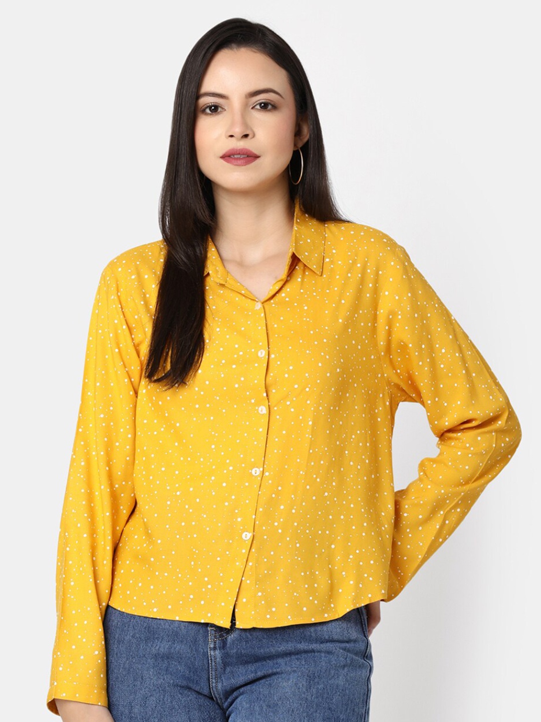 

V-Mart Spread Collar Polka Dots Printed Opaque Casual Shirt, Gold