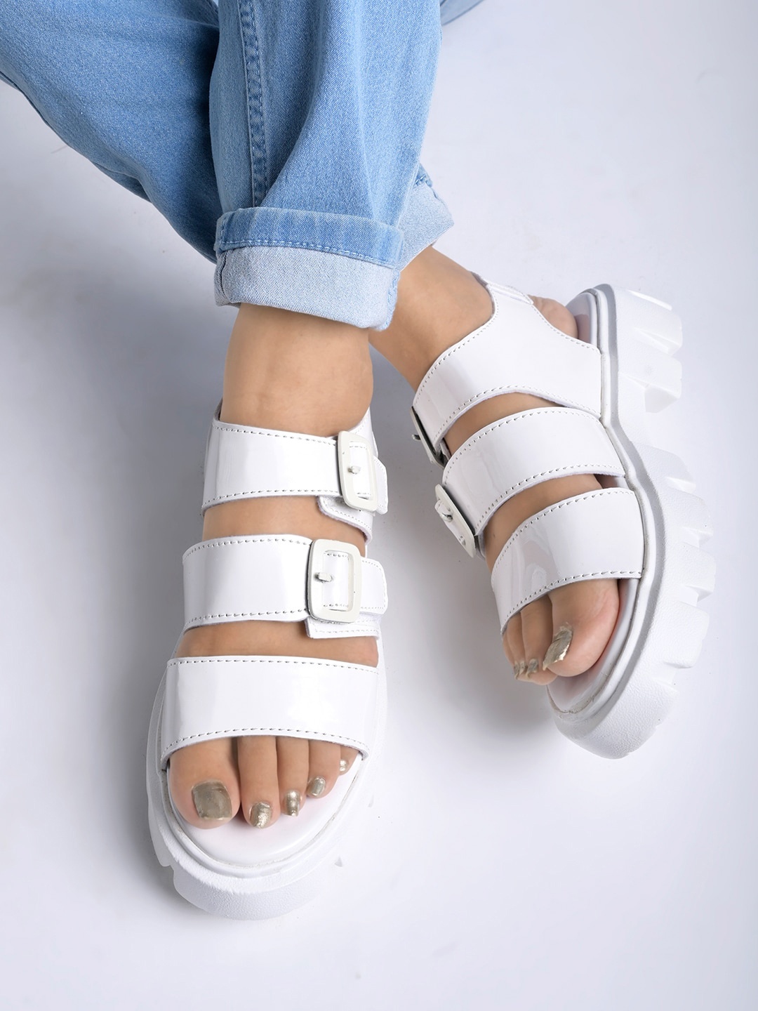 

Shoetopia Open Toe Platform Heels With Buckles, White