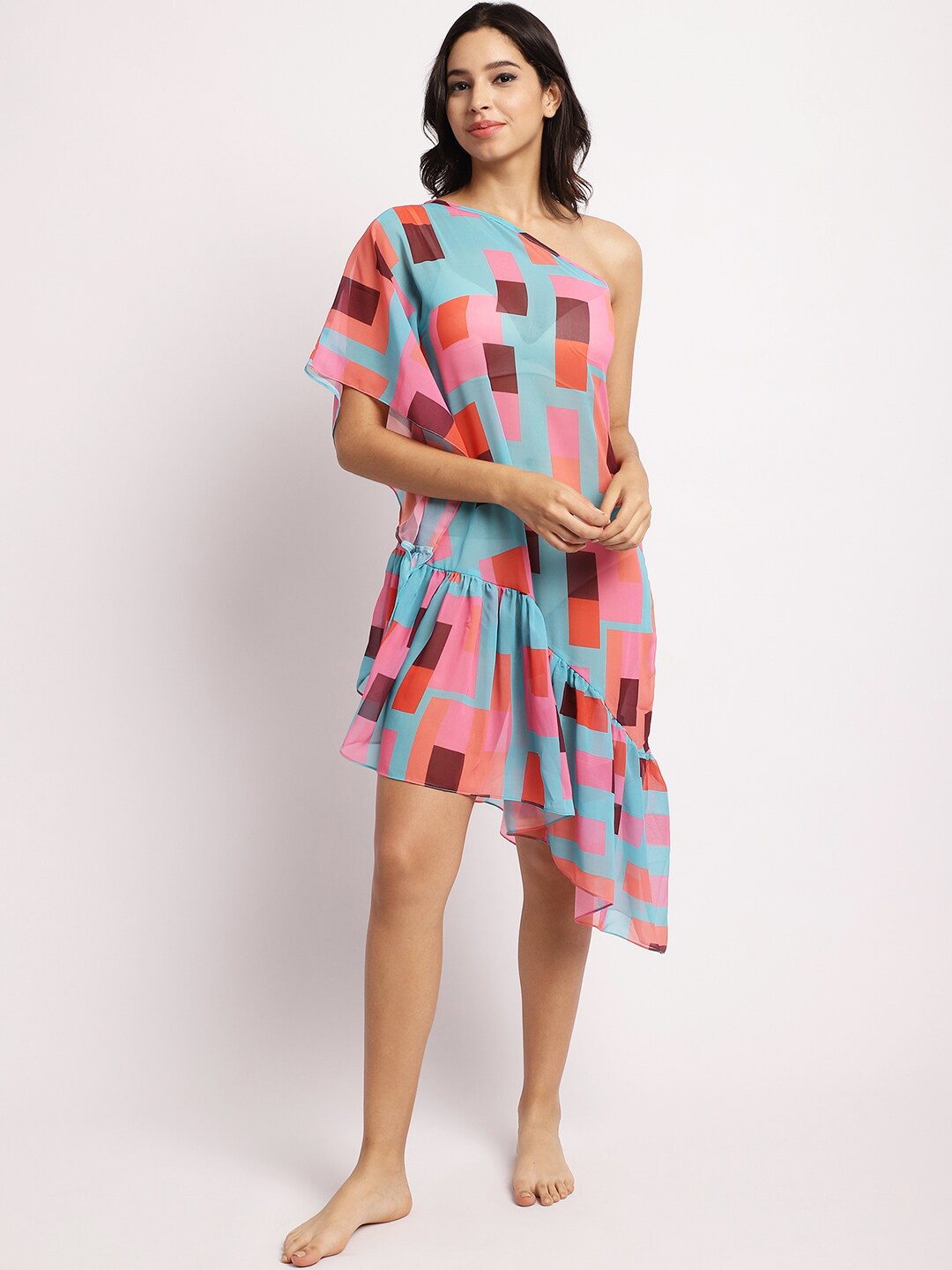 

EROTISSCH Blue Geometric Printed Relaxed Fit One Shoulder Swimwear Cover Up Dress