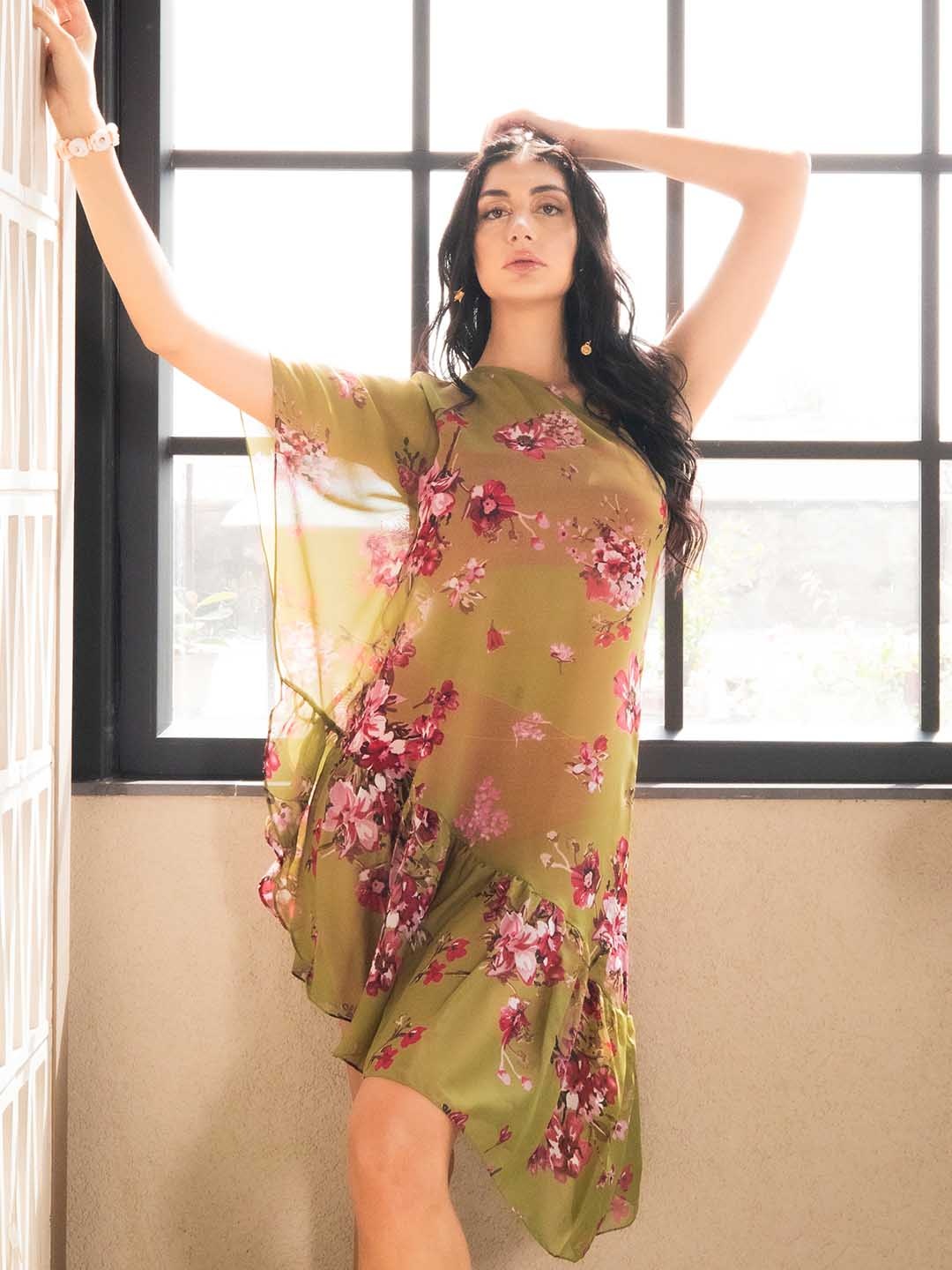 

EROTISSCH Floral Printed Swimwear Cover Up Dress, Green