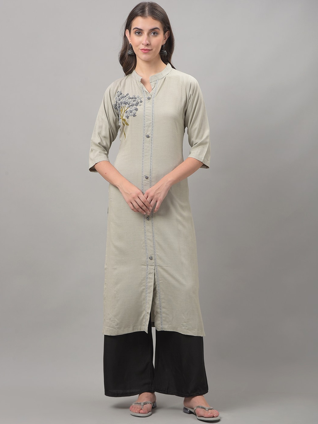 

Dollar Missy Round Neck floral Embroidered Thread Work Straight Cotton Kurta, Grey