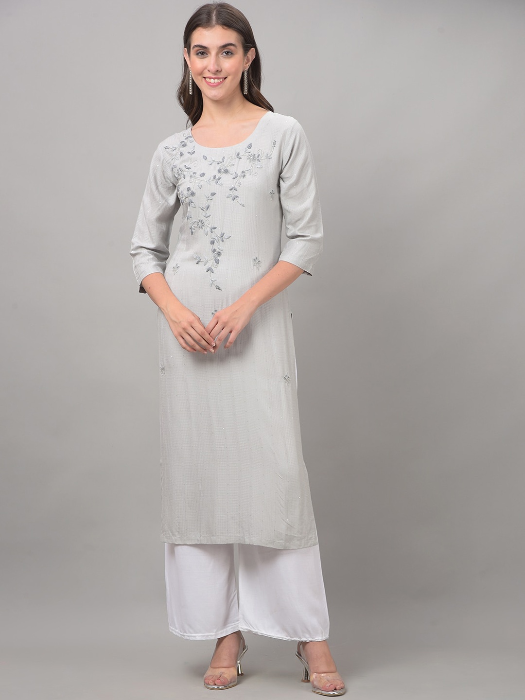 

Dollar Missy Striped Thread Work Straight Kurta, Grey