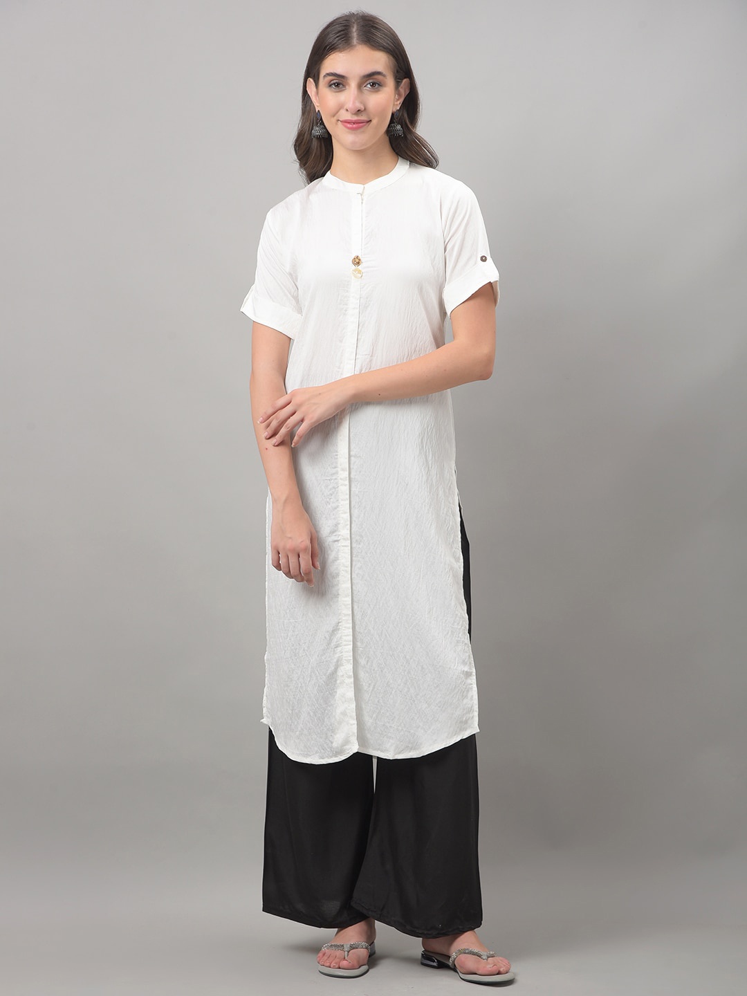 

Dollar Missy Mandarin Collar Roll-Up Sleeves Straight Kurta, White