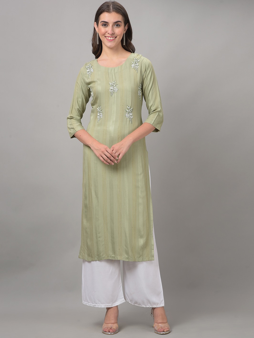 

DollarMissy Round Neck Woven Deign Beads And Stones Straight Cotton Kurta, Green
