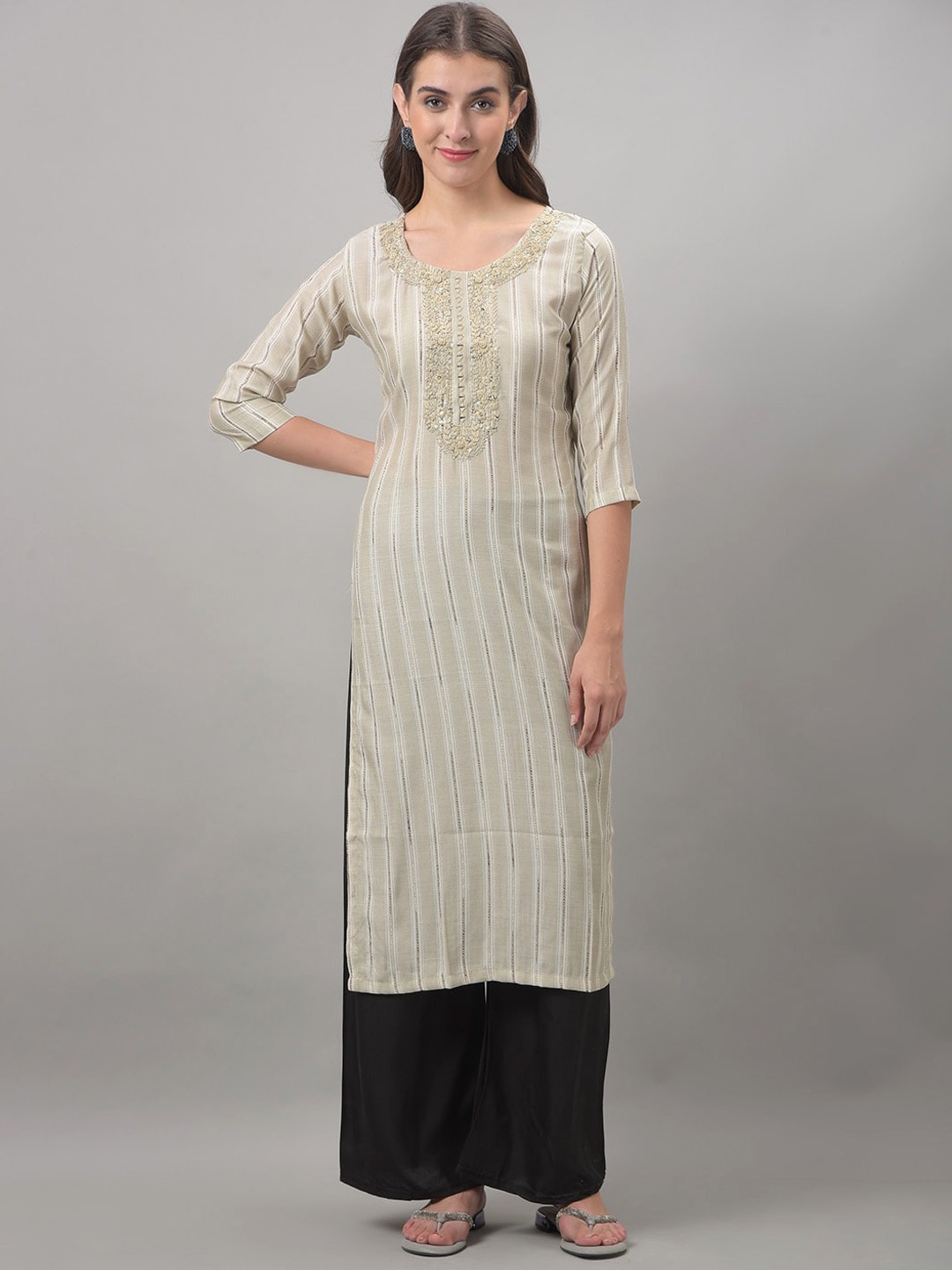 

Dollar Missy Striped Thread Work Straight Kurta, Beige