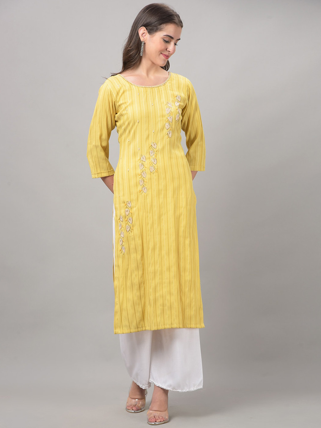 

Dollar Missy Round Neck Ethnic Motifs Woven Design Beads and Stones Straight Cotton Kurta, Yellow