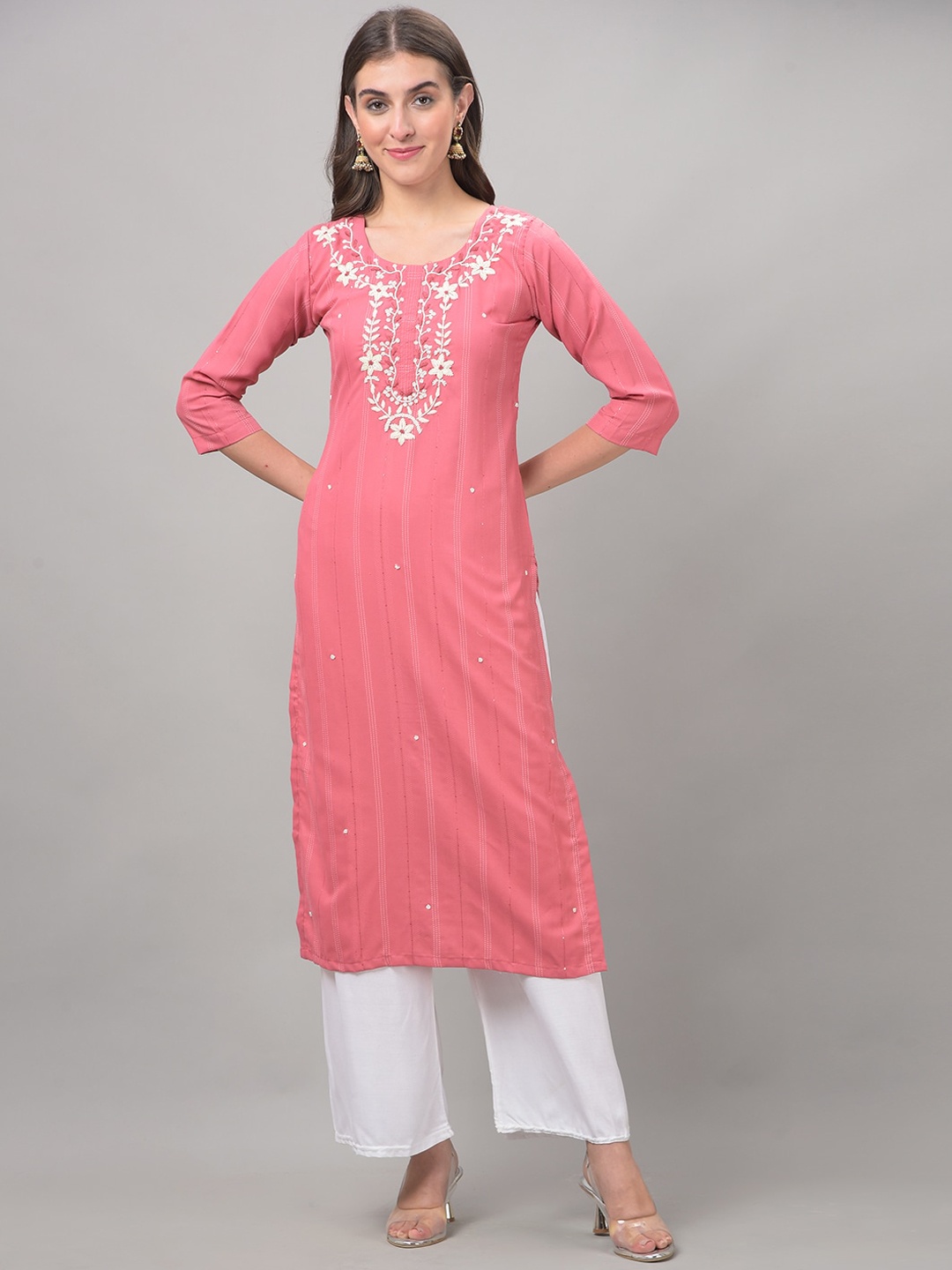 

Dollar Missy Floral Embroidered Thread Work Detail Straight Kurta, Pink