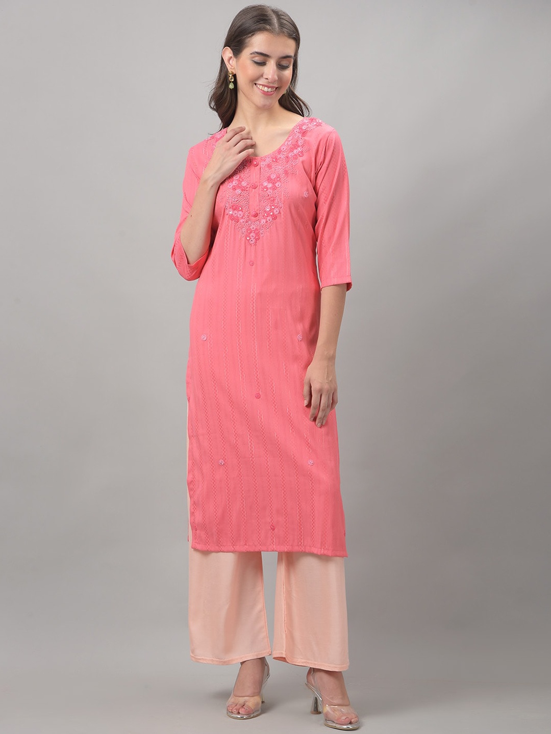 

Dollar Missy Floral Yoke Design Sequined Round Neck Straight Kurta, Pink