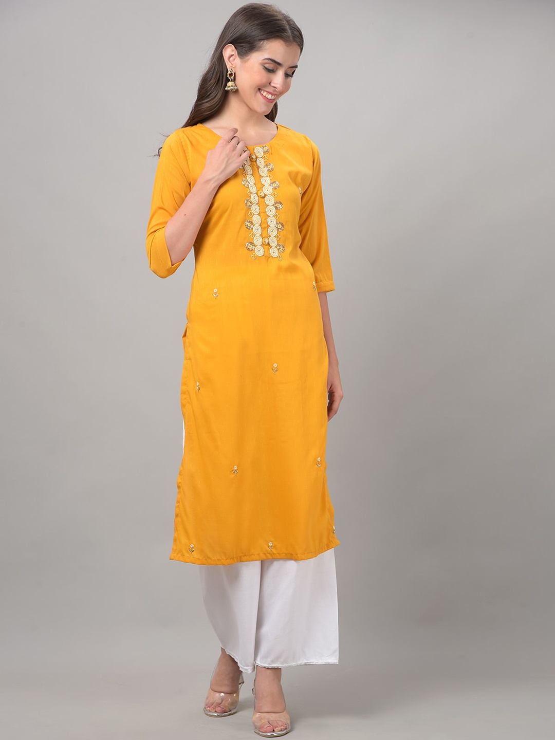 

Dollar Missy Round Neck Woven Deisgn Geometric Embroidered Beads And Stones Cotton Kurta, Yellow