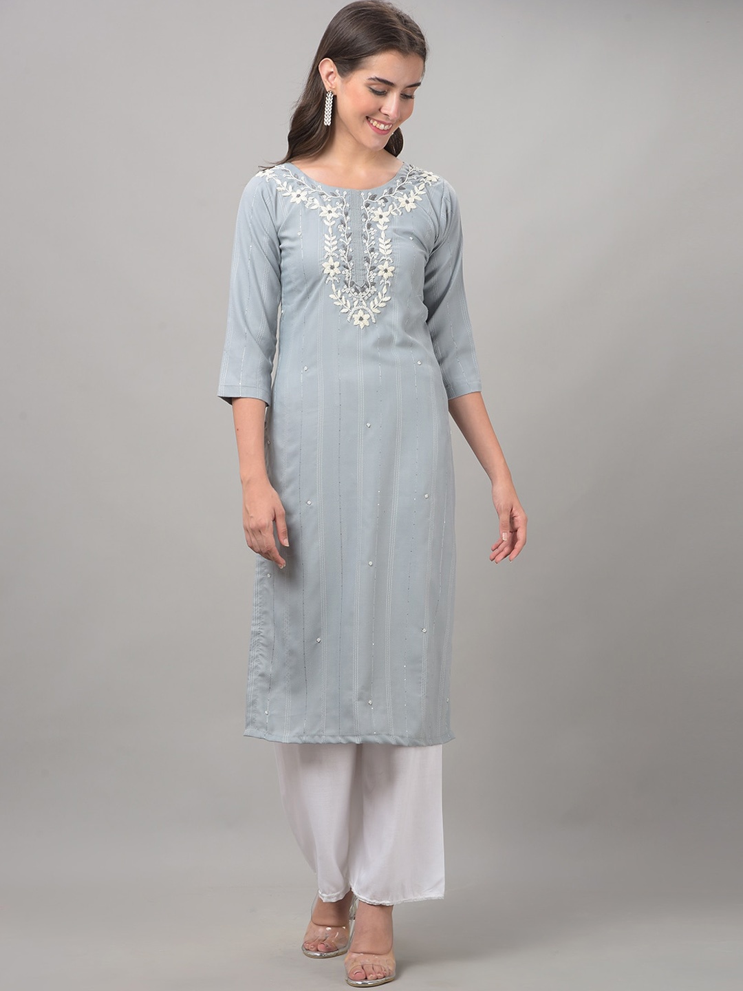 

Dollar Missy Striped Thread Work Straight Kurta, Grey