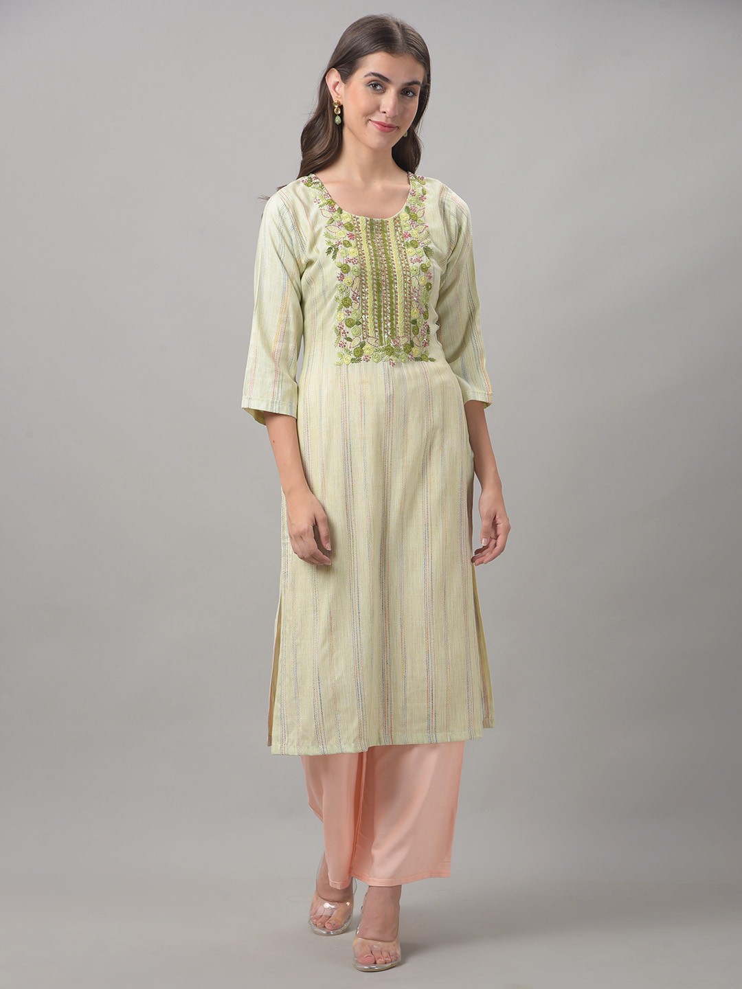 

Dollar Missy Floral Embroidered Thread Work Detail Straight Kurta, Green