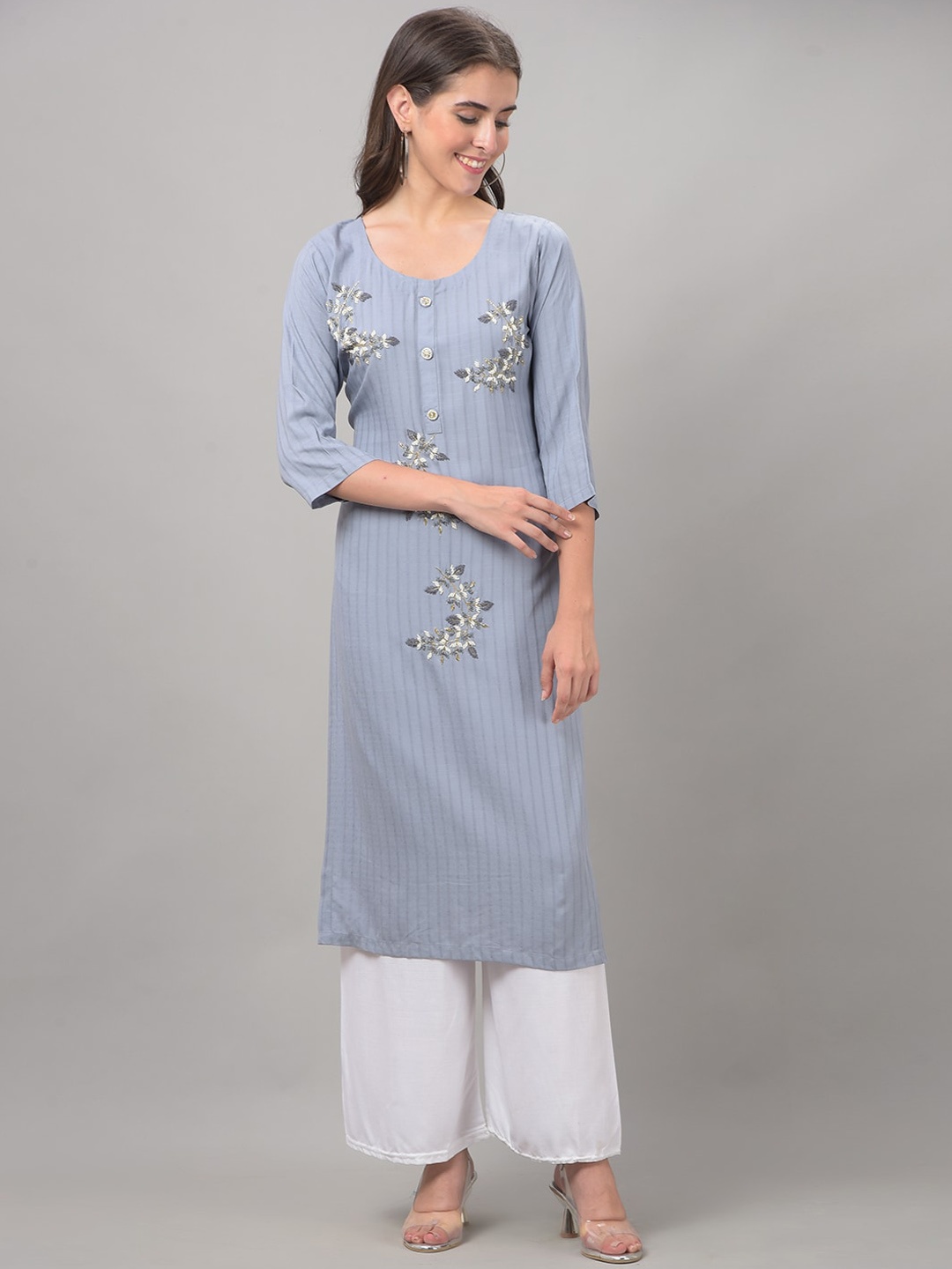 

Dollar Missy Round Neck Floral Embroidery Thread WorkStraight Cotton Kurta, Grey