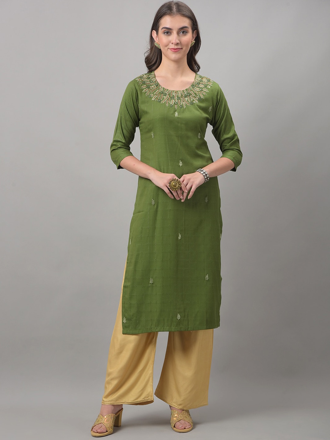 

Dollar Missy Round Neck Floral Embroidered Straight Cotton Kurta, Green