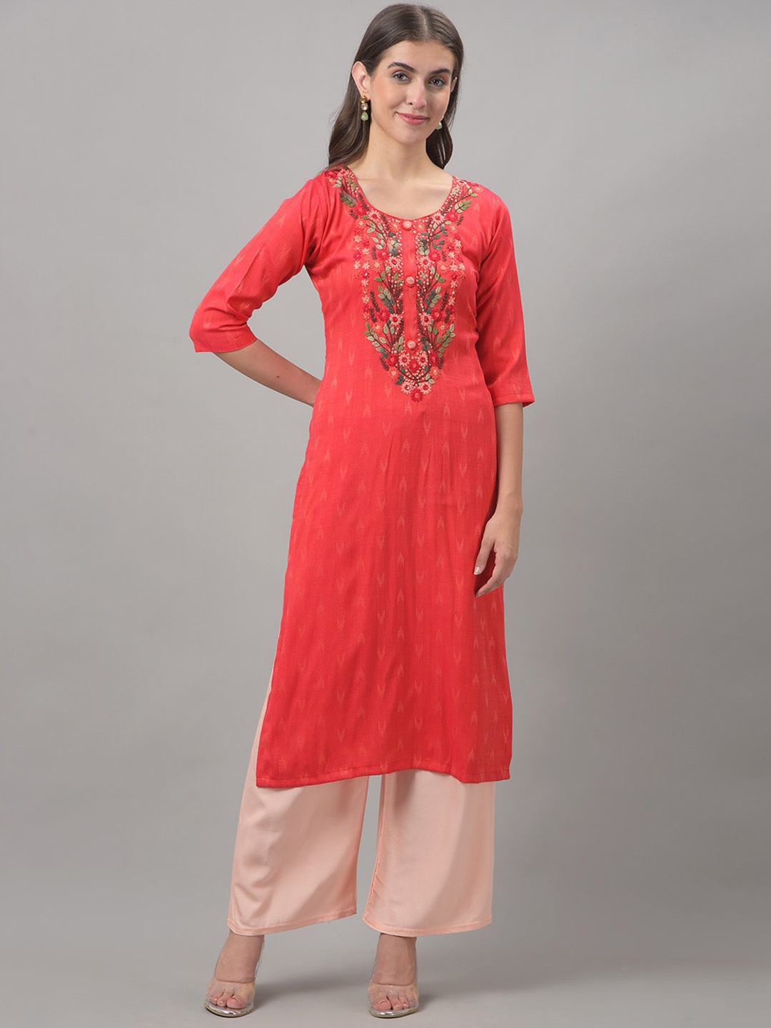 

Dollar Missy Floral Yoke Design Sequined Round Neck Straight Kurta, Red