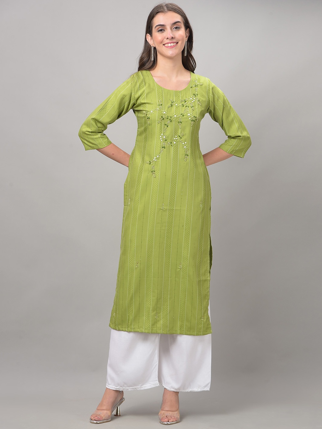 

Dollar Missy Striped Thread Work Straight Kurta, Green