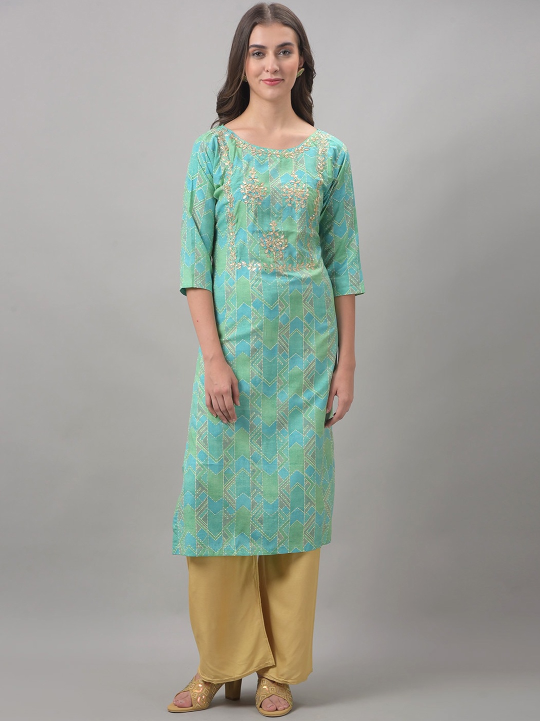 

Dollar Missy Geometric Printed Thread Work Kurta, Green