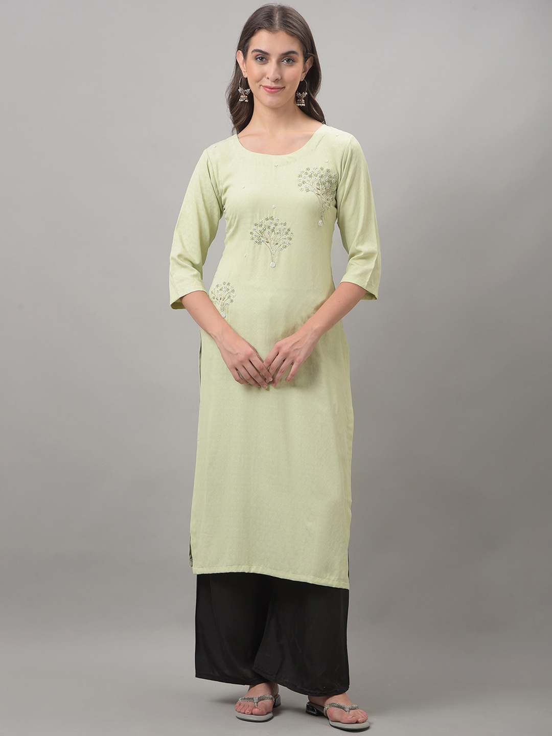 

Dollar Missy Round Neck Ethnic Motifs Woven Design Embroidered Thread Work Cotton Kurta, Green