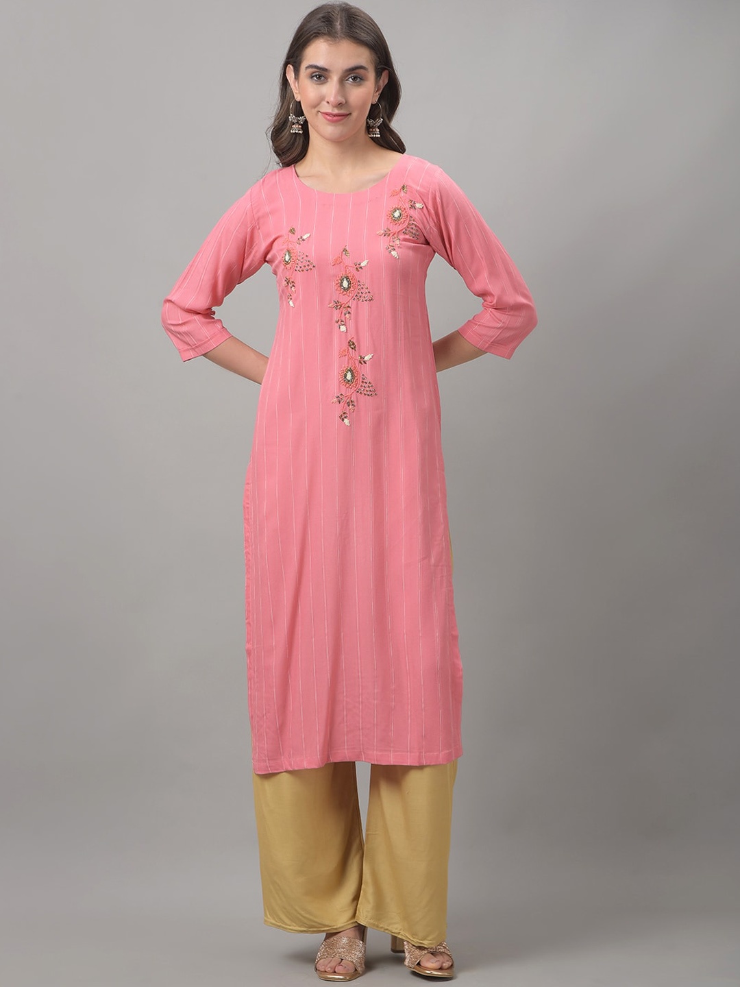 

Dollar Missy Round Neck Floral Embroidered Beads And Stones Straight Cotton Kurta, Pink