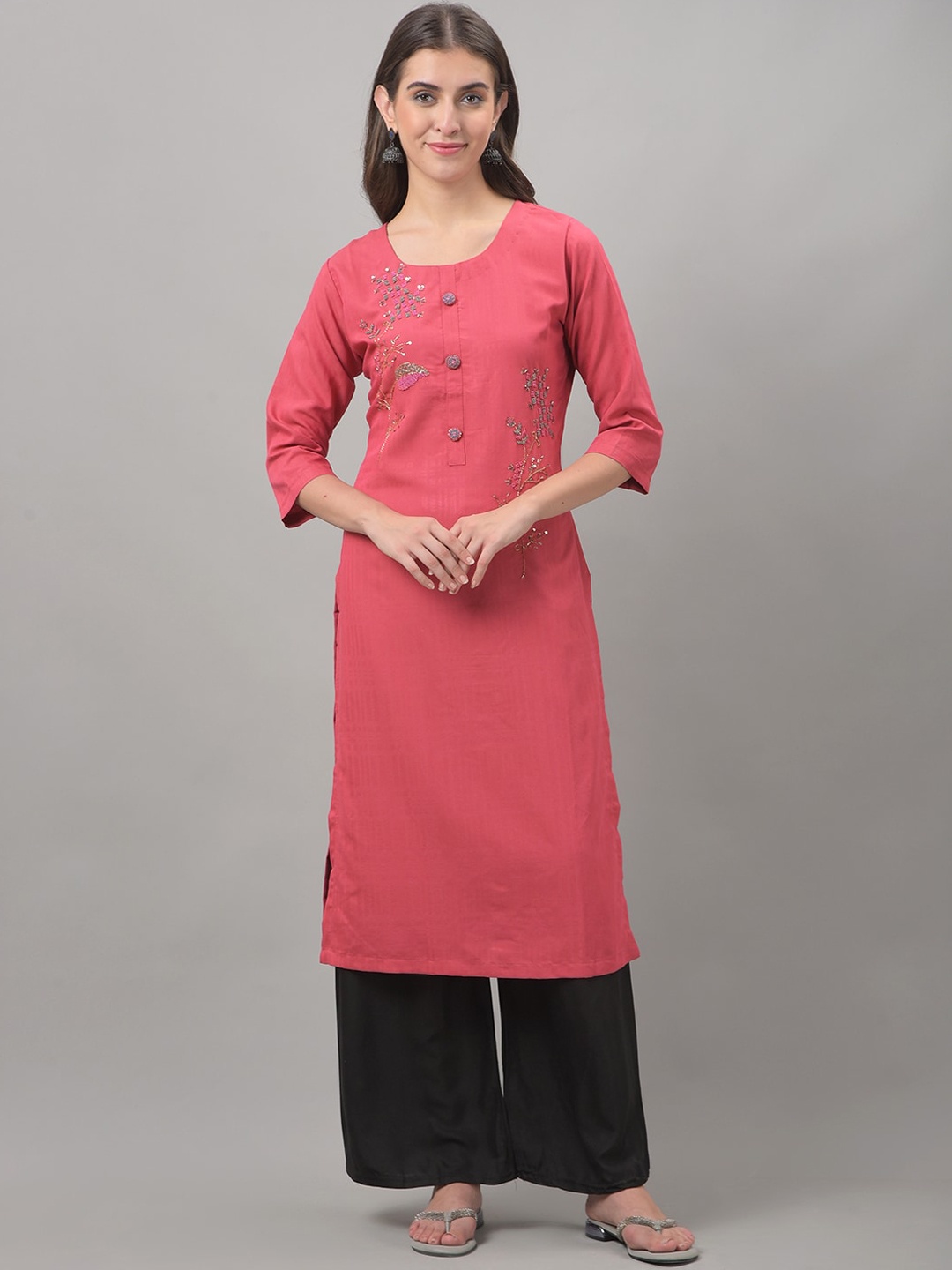 

Dollar Missy Round Neck Ethnic Motif Embroidered Beads And Stones Thread Work Cotton Kurta, Pink