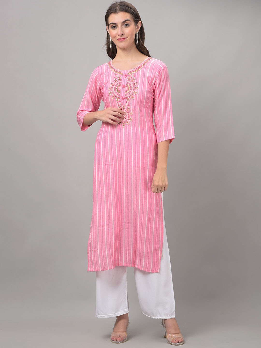 

Dollar Missy Striped Thread Work Straight Kurta, Pink