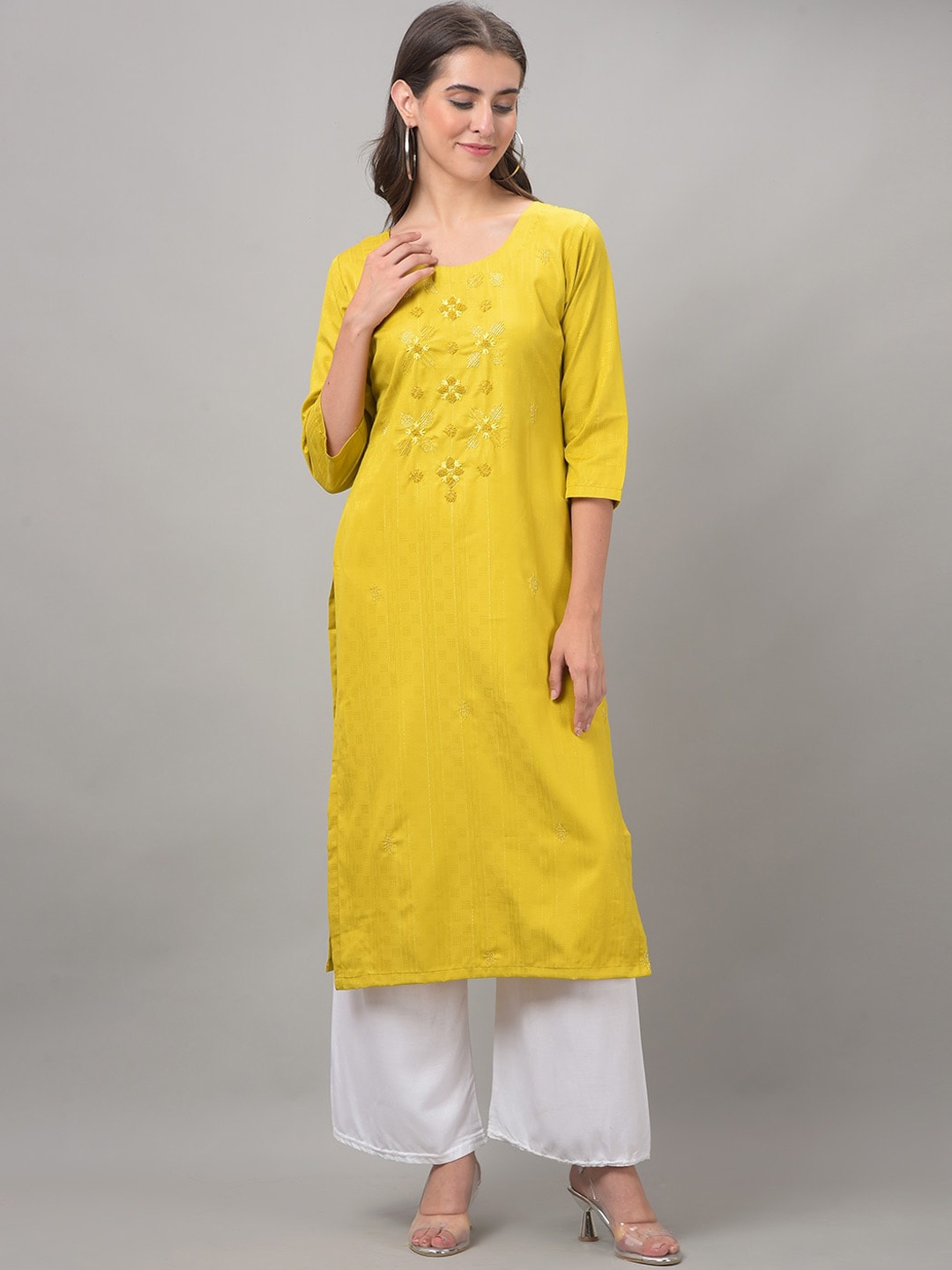 

Dollar Missy Floral Embroidered Beads Detail Round Neck Straight Kurta, Yellow
