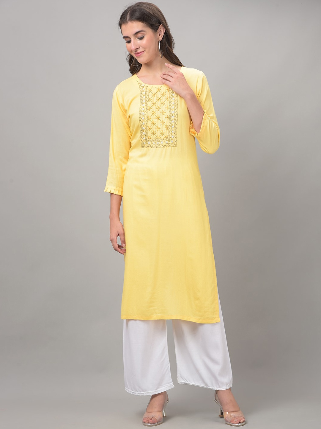 

Dollar Missy Round Neck Ethnic Motifs Yoke Design Beads and Stones Cotton Kurta, Yellow