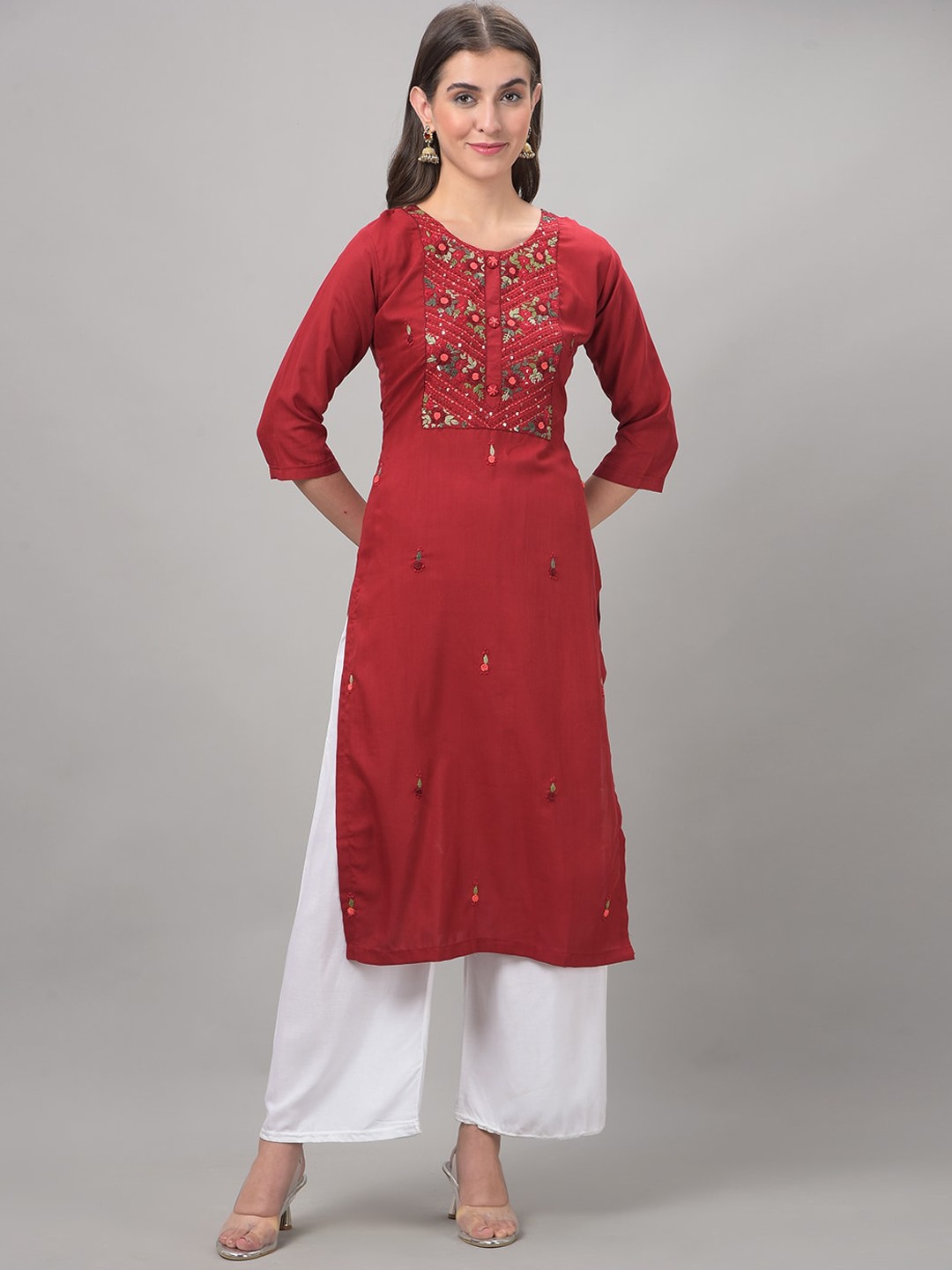

Dollar Missy Round Neck Ethnic Motifs Embroidered Thread Work Straight Cotton Kurta, Red