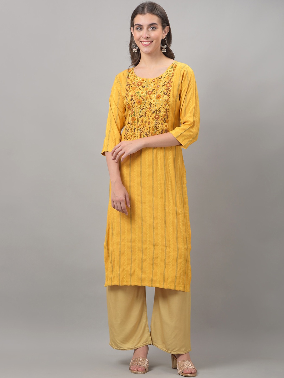 

Dollar Missy Striped Thread Work Straight Kurta, Yellow