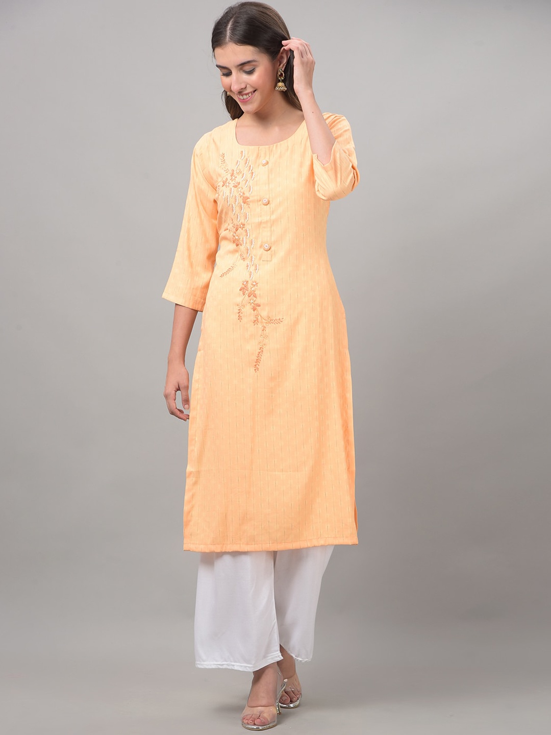 

Dollar Missy Ethnic Motifs Woven DesignThread Work Detail Kurta, Peach