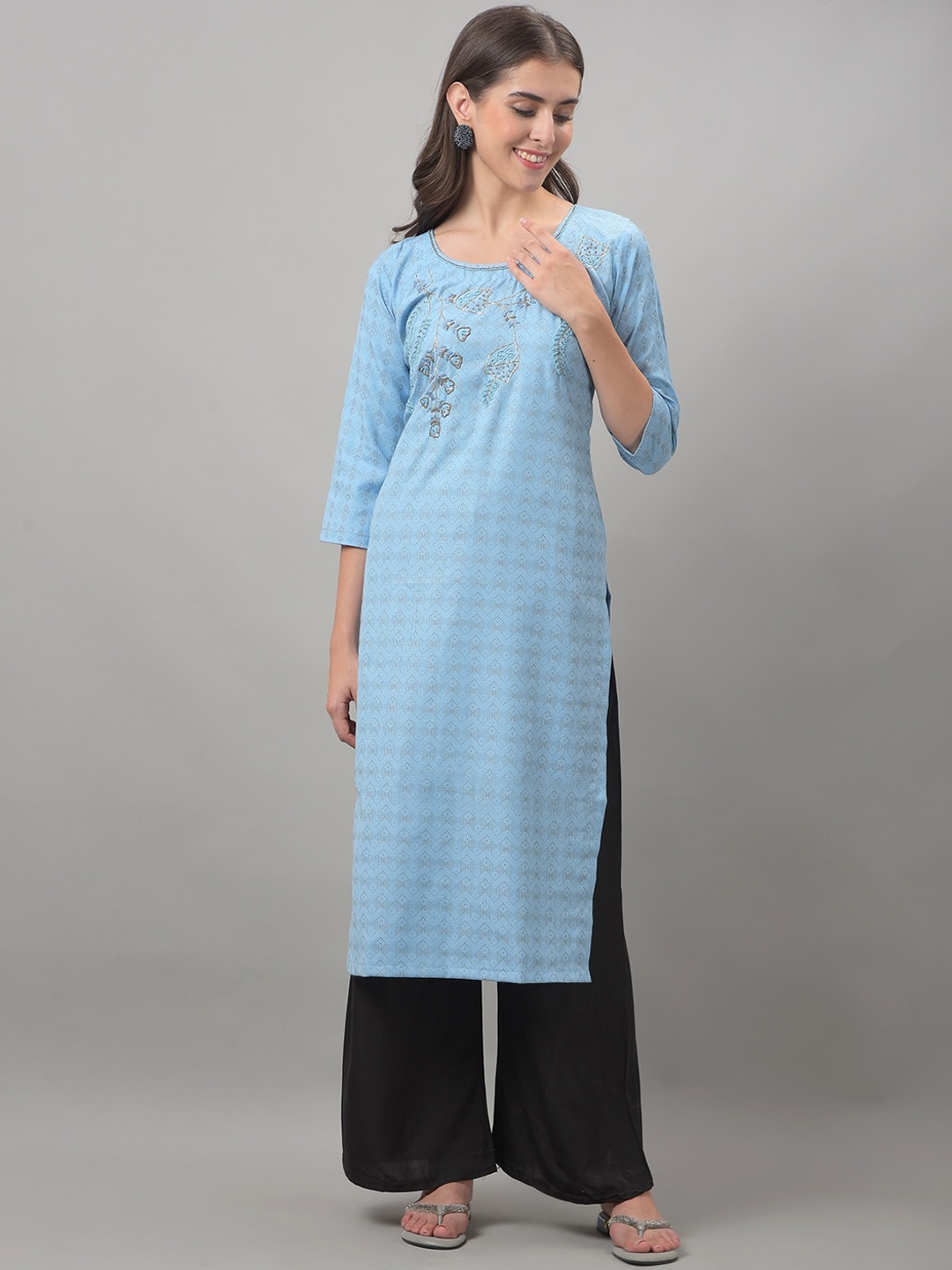 

Dollar Missy Round Neck Ethnic Motif Embroidered Yoke Design Straight Cotton Kurta, Blue