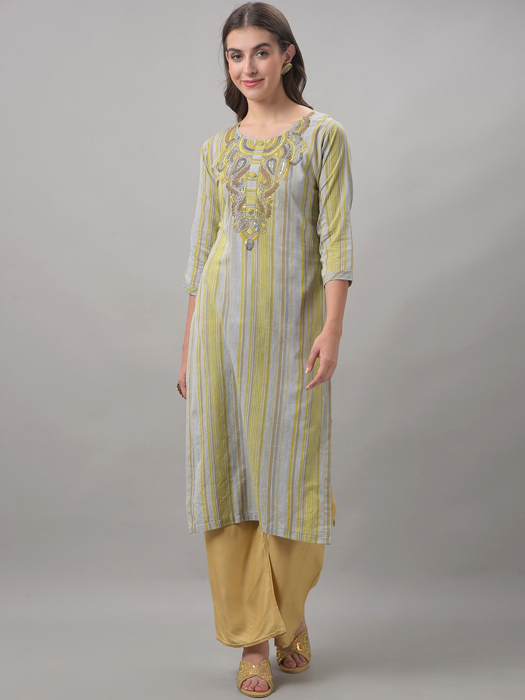 

Dollar Missy Striped Thread Work Kurta, Grey