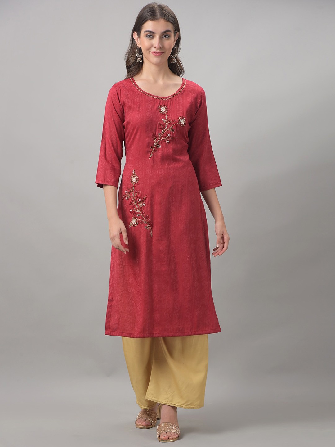 

Dollar Missy Floral Embroidered Straight Kurta, Brown