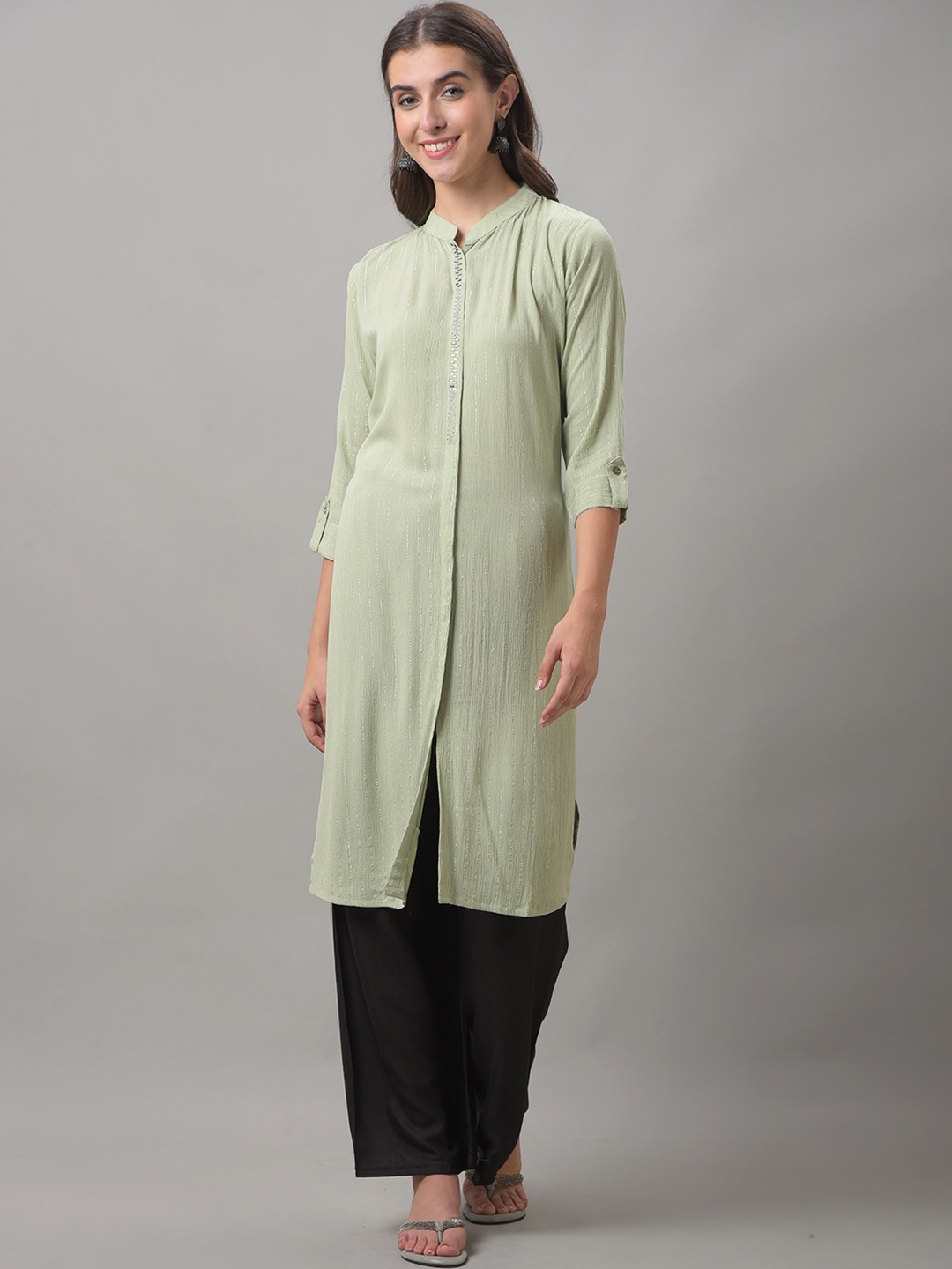 

Dollar Missy Striped Mandarin Collar Pathani Kurta, Green