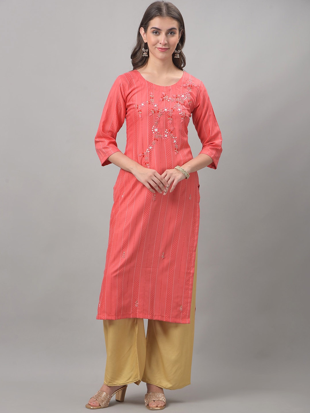 

Dollar Missy Striped Thread Work Straight Kurta, Pink