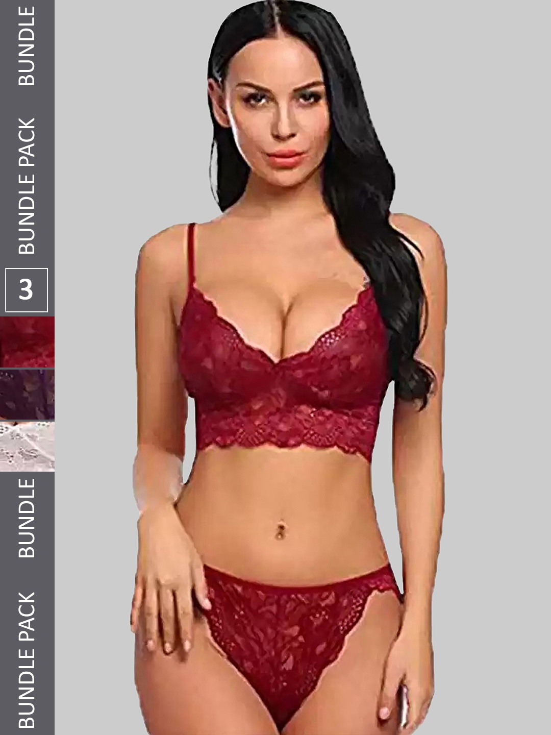 

PIBU Pack Of 3 Self Design Laced Lingeries Set FC_K_SO_Tinic_Red,Purple,White_S-Red