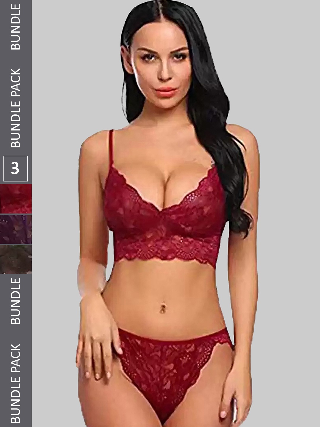

PIBU Pack Of 3 Self Design Laced Lingeries Set FC_K_SO_Tinic_Red,Purple,Black_S-Red