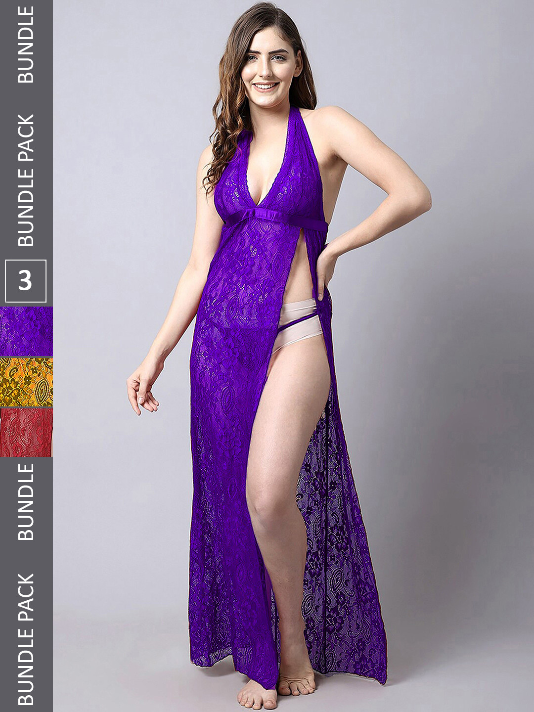 

PIBU Pack Of 3 Halter Neck Net Baby Doll, Purple