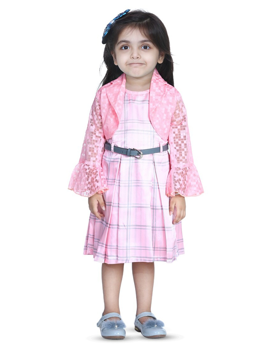 

Aj DEZInES Girls Checked Bell Sleeve Pleated Fit & Flare Dress With Jacket, Pink