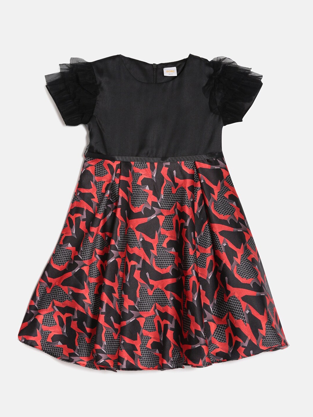 

Aomi Girls Abstract Printed Round Neck Flutter Sleeve Gathered Fit & Flare Dress, Red