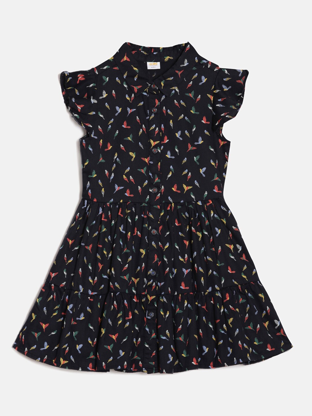 

Aomi Girls Conversational Printed Shirt Collar Gathered Tiered Cotton Fit & Flare Dress, Blue