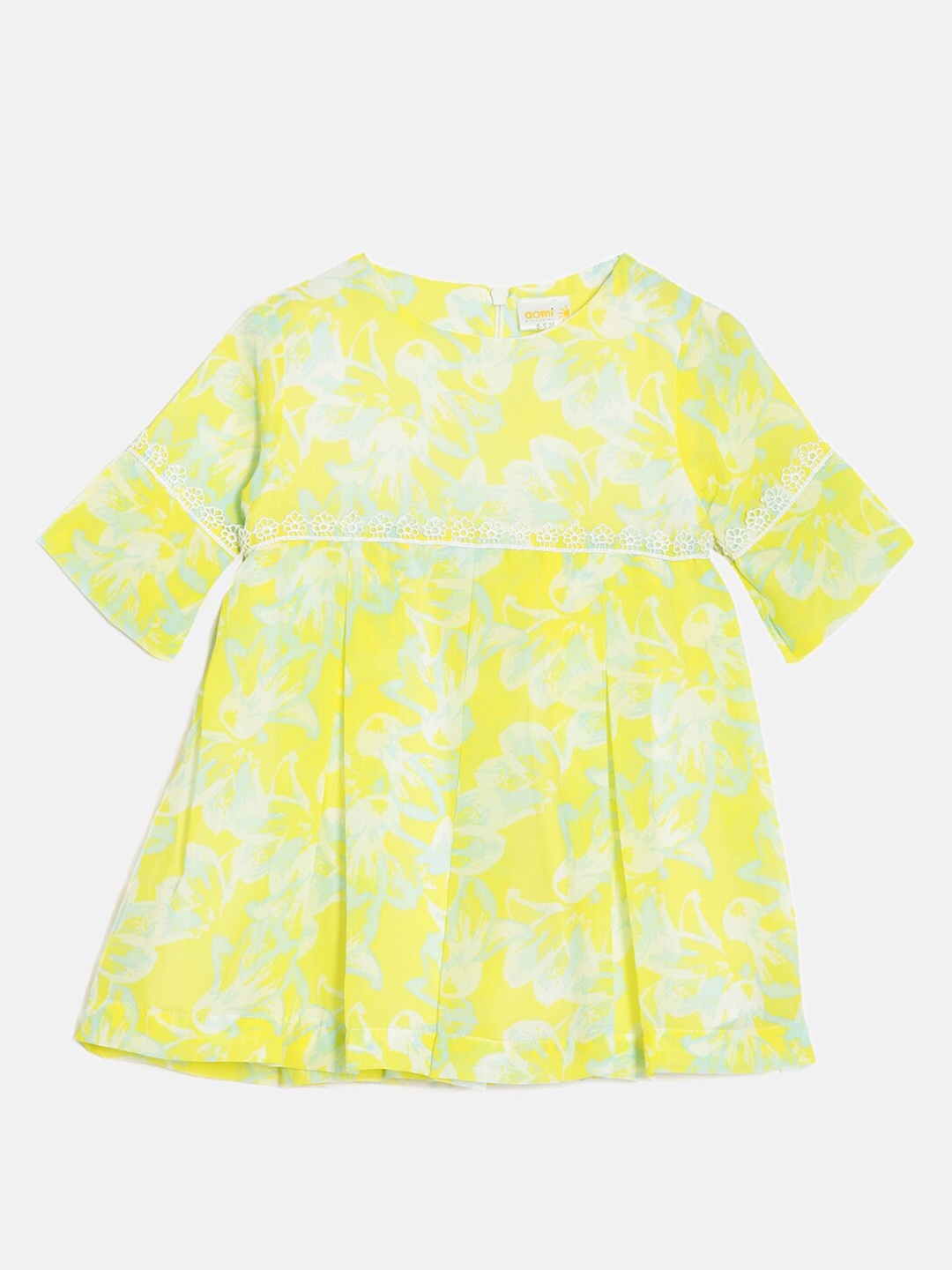 

Aomi Girls Abstract Printed Round Neck Lace Inserts Georgette A-Line Dress, Yellow