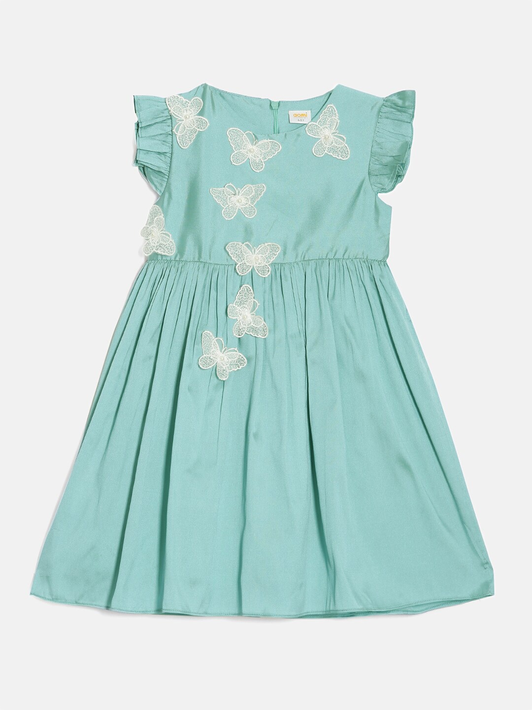 

Aomi Girls Round Neck Flutter Sleeve Embellished Fit & Flare Dress, Blue
