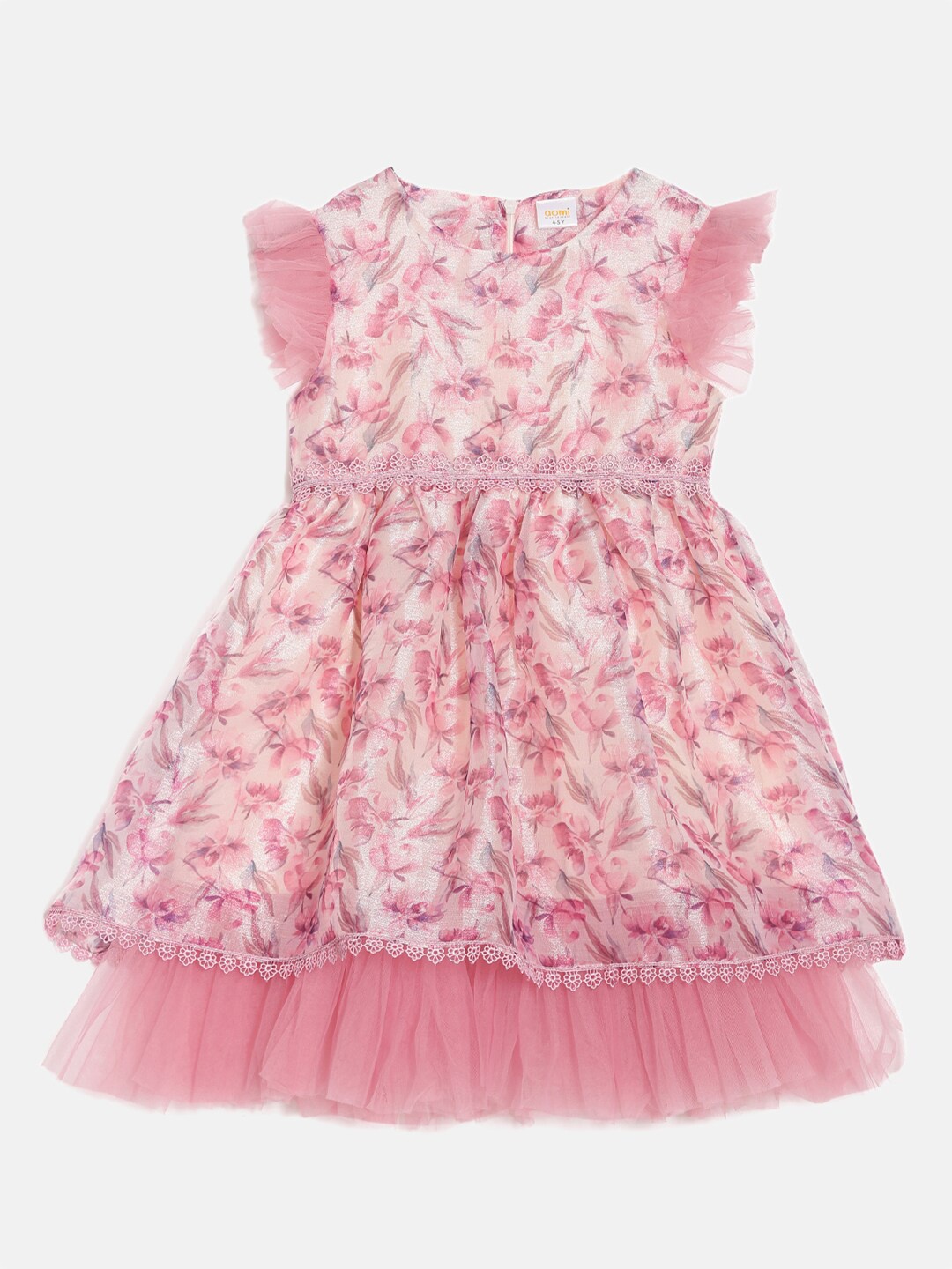 

Aomi Girls Floral Printed Round Neck Flutter Sleeve Layered Fit & Flare Dress, Pink
